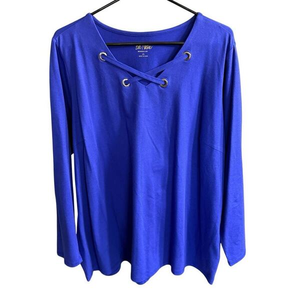 Bob Mackie V-Neck Laced Front Grommet Knit Top 2XL XXL Iris Blue Purple Relaxed - Picture 1 of 9